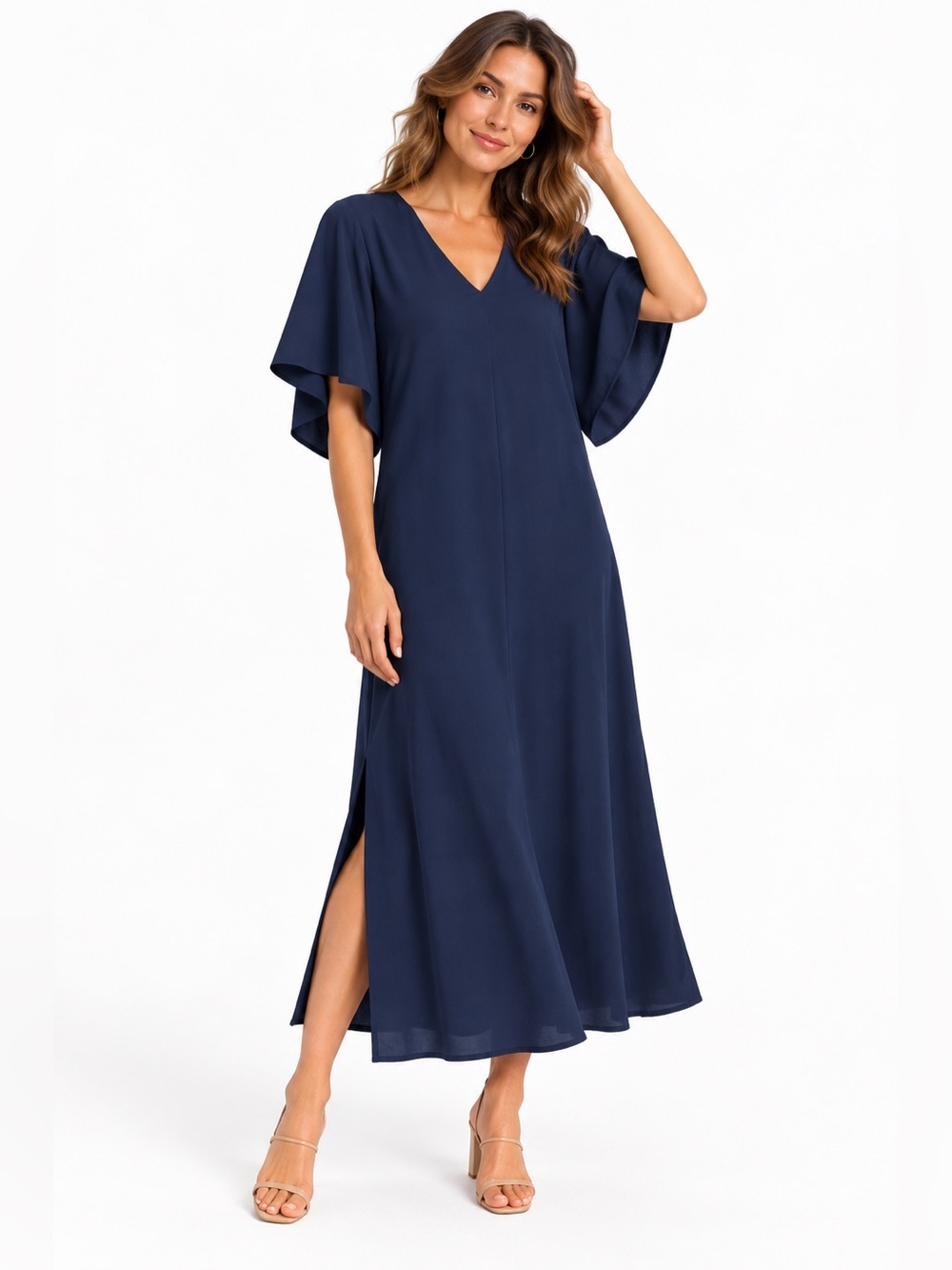 ANNA CATE Meredith Midi Dress Belleweather Navy Blue Size Large Flutter Sleeve
